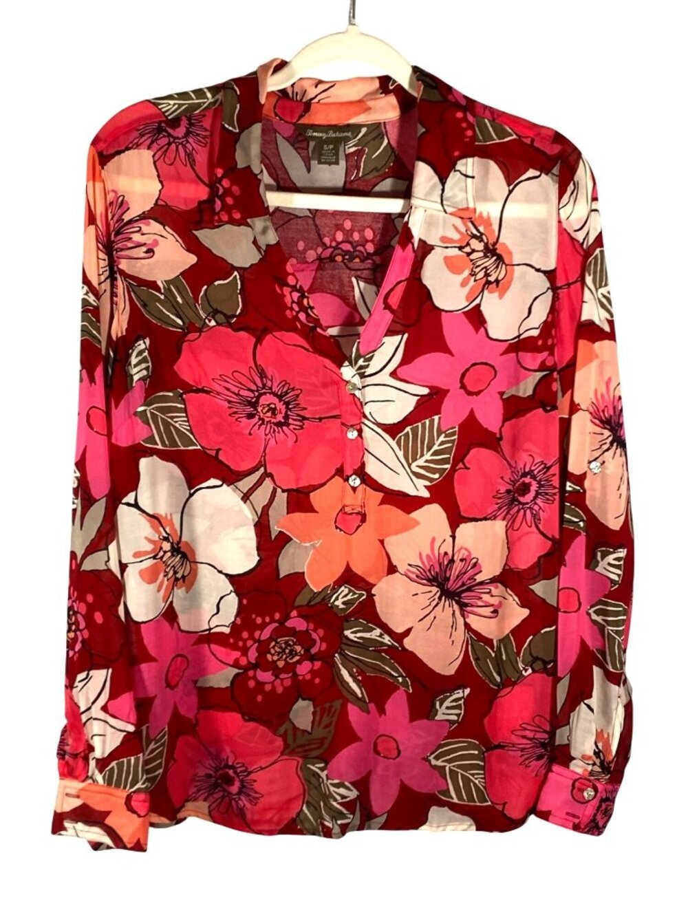 Tommy Bahama Womens S Hibiscus roll tab Floral Pink Blouse 100% Rayon featherwei